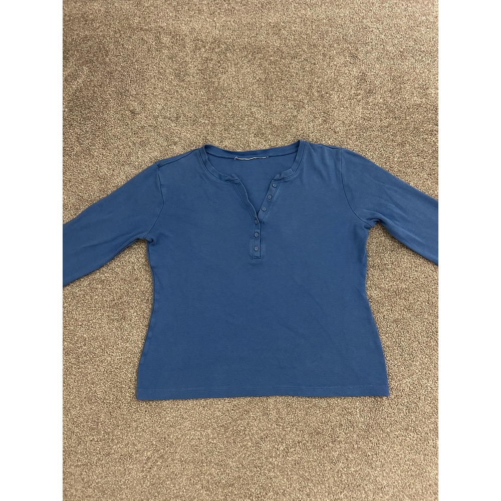 90s Minimalist Henley Long Sleeve Top Womens M Blue Excellent Solid Button Neck